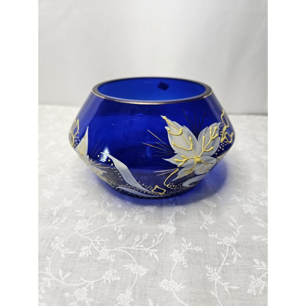 Bohemian Art Glass Short Vase in Cobalt Blue with Enameled Flowers & Gold Detail